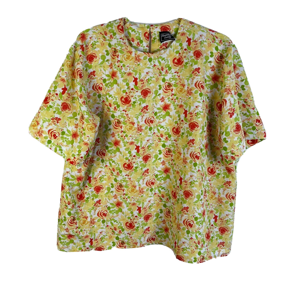 Southern Lady Blouse Women's 1X Peach Green Floral Roses Short Sleeves